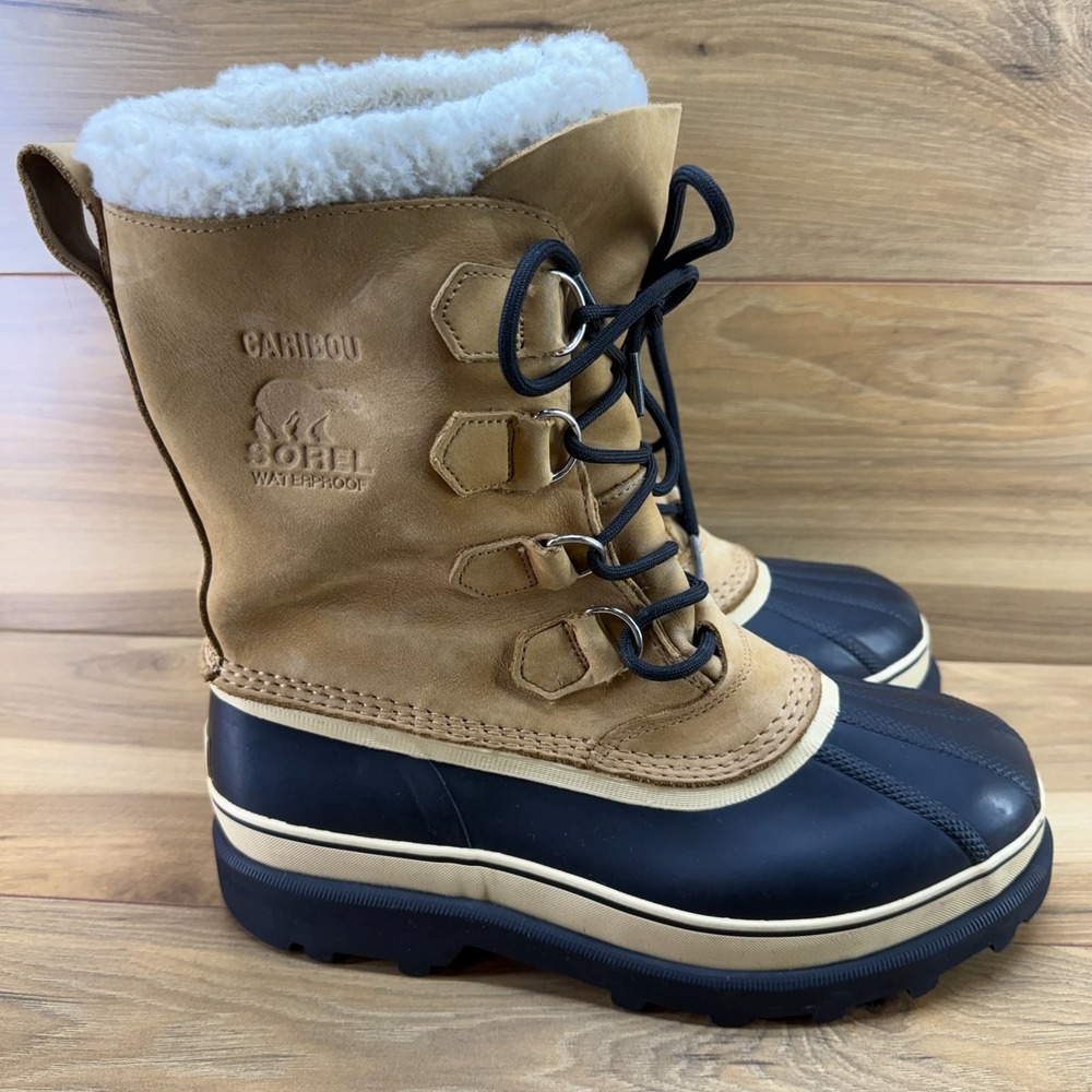 SOREL Caribou Tan Nubuck Mens 8.5 Snow Winter Waterproof Insulated Faux Sherpa